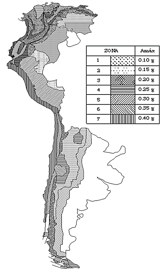 Seismic zonation in Venezuela, Colombia, Ecuador, Peru, Chile, and Argentina in 2003.