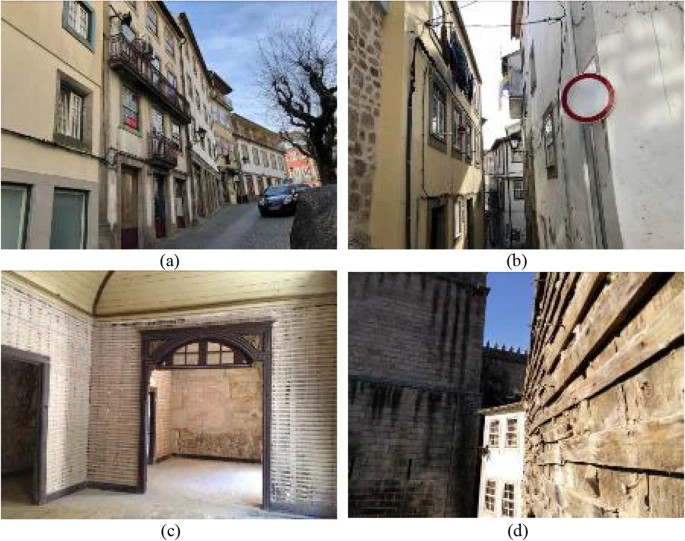 Examples of the built heritage in the historic center of Viseu, (a) and (b), with interior (c) and exterior (d) tabique walls.