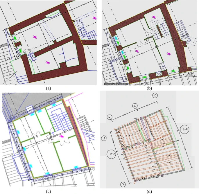 Example of a building with TWs: architectural plans of the (a) basement, (b) ground floor, (c) upper floor, and (d) structural plan of the upper floor.