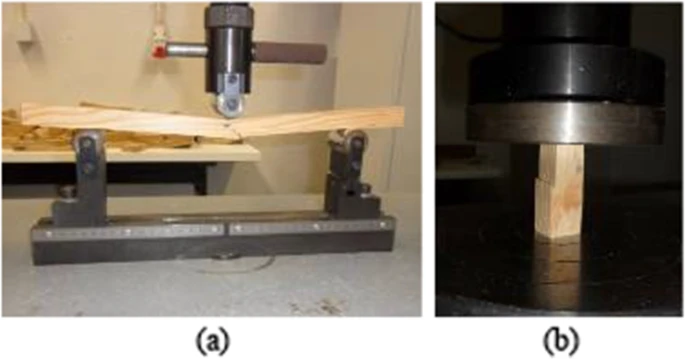 Mechanical tests on wood: (a) static bending; (b) axial compression (parallel to fibers)
