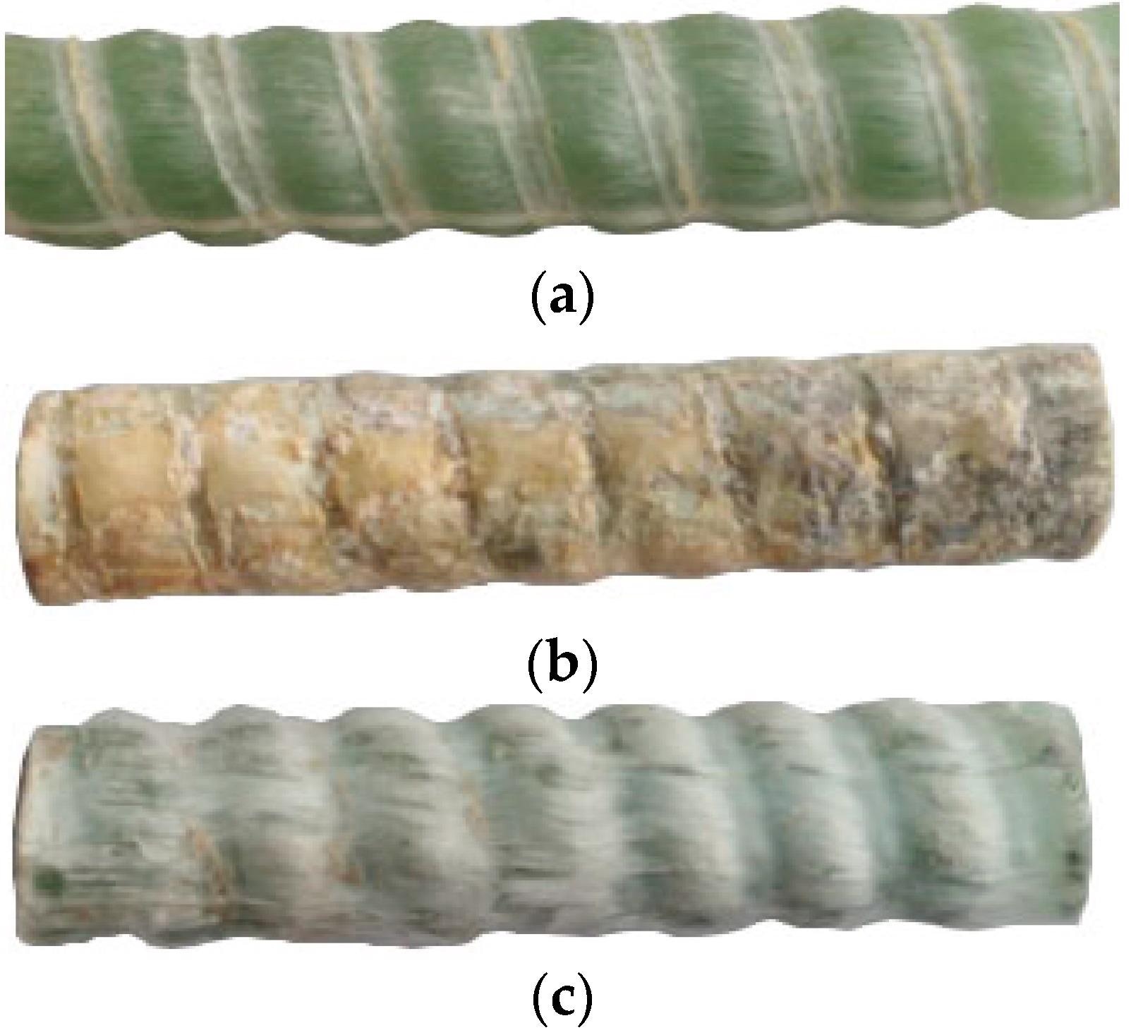 Surface morphology of GFRP bars after aging in different environments at 60 °C for 183 days: (a) SW; (b) SA; and (c) SWC.