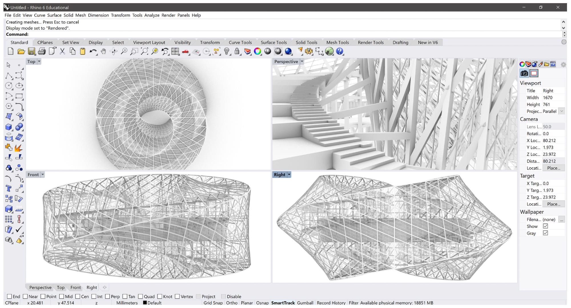 Rendered ANL model in Rhinoceros 3D shown in the 4 default viewports (top, perspective, front, and right view).