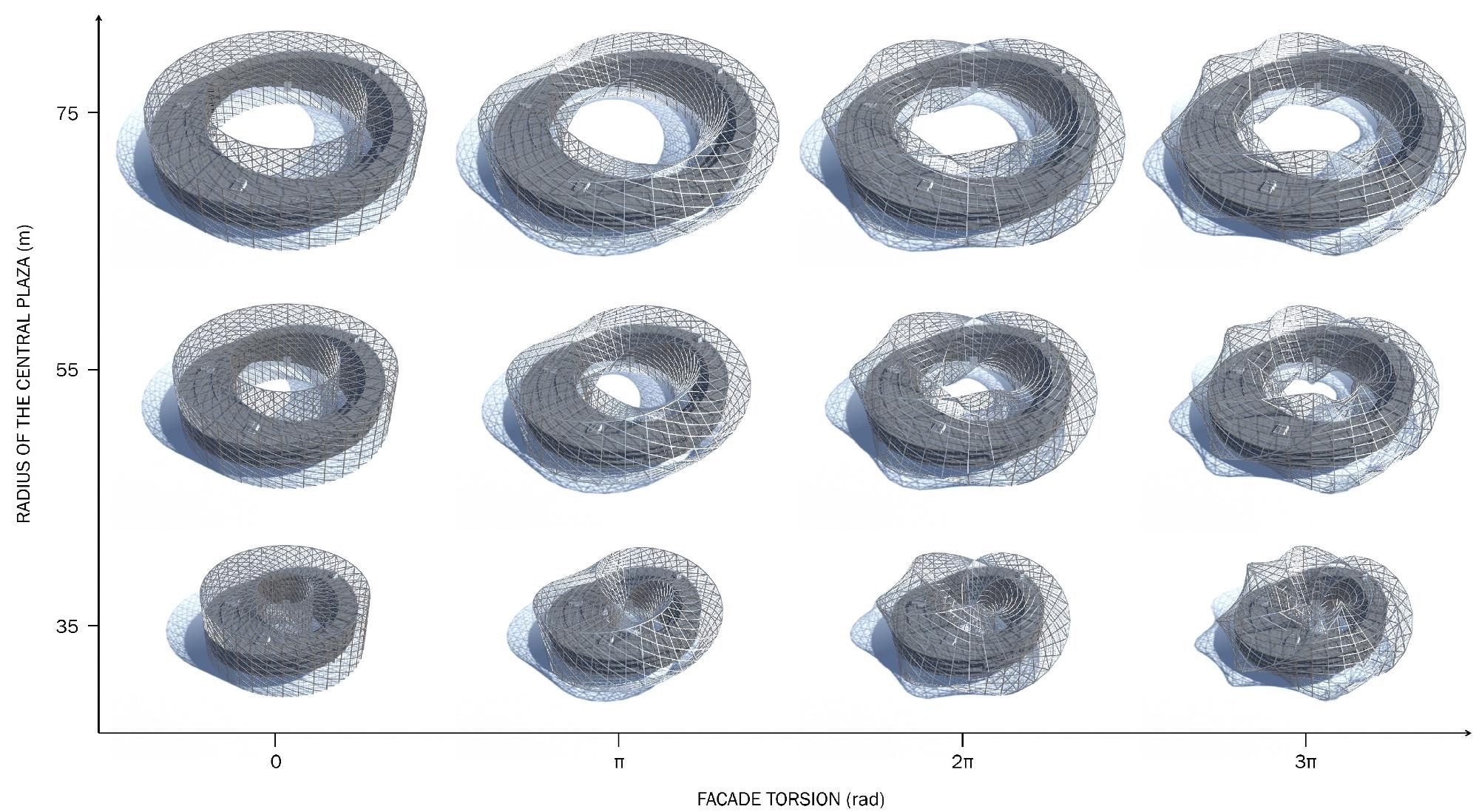 Variations of the ANL model produced by changing selected parameters in the program: radius of the central plaza and the building’s facade torsion.