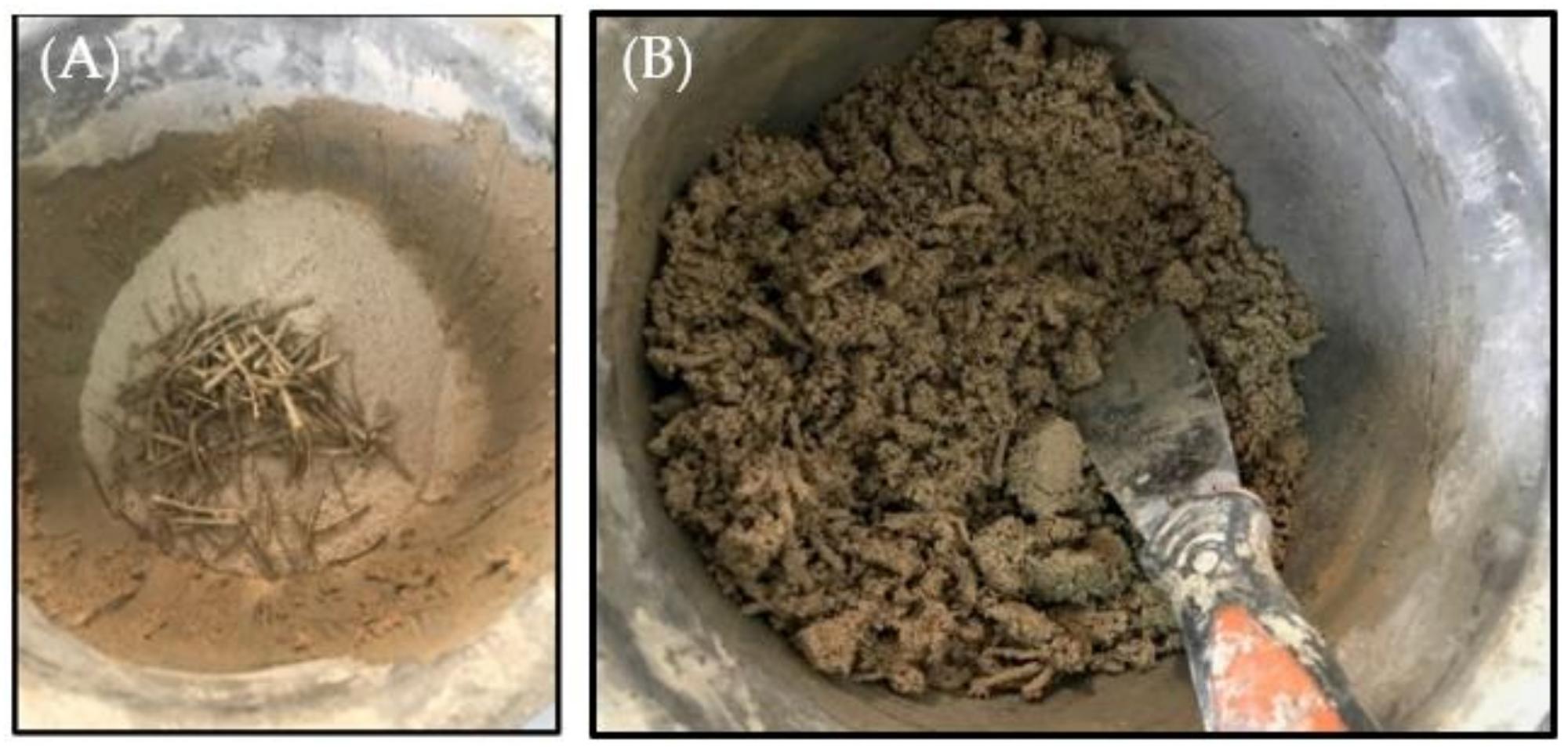 Example of a 3% fiber-reinforced lime mortar before (A) and after (B) blending.