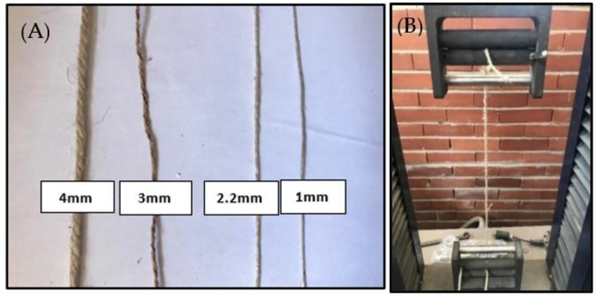 Braids of different diameter subjected to tensile test (A) and machine used for tensile tests on the hemp braids (B).