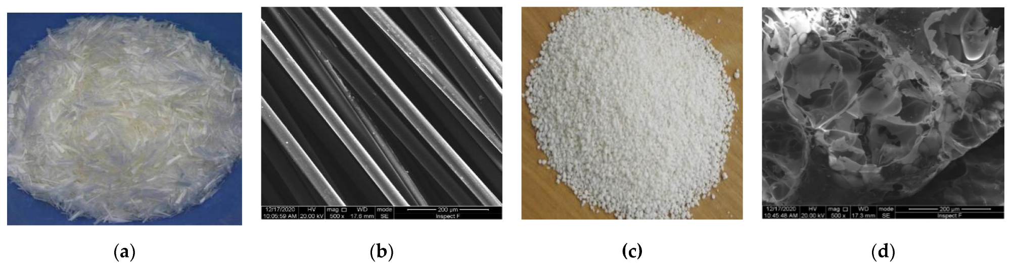 Materials: (a) PVA fibers; (b) SEM image of PVA fiber; (c) GHB; (d) SEM image of GHB.