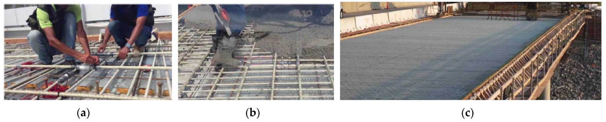 Demonstration project for FRP-SSC bridge decks: (a) FRP mesh; (b) concrete casting; (c) bridge deck.