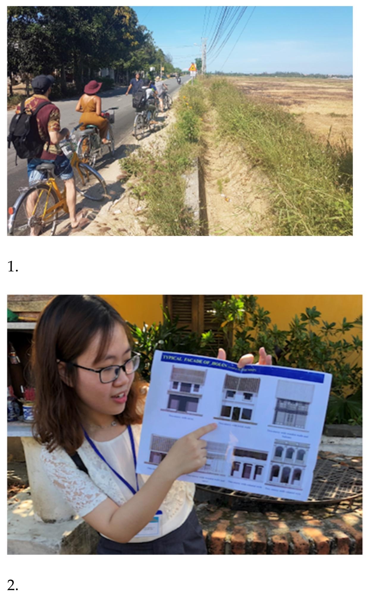Images of the learning activities in the H?i An case study. 1. Site familiarization: Group cycle trip to identify infrastructure vulnerabilities along the road from H?i An to the coast. 2. Workshop by local experts: Heritage in H?i An.