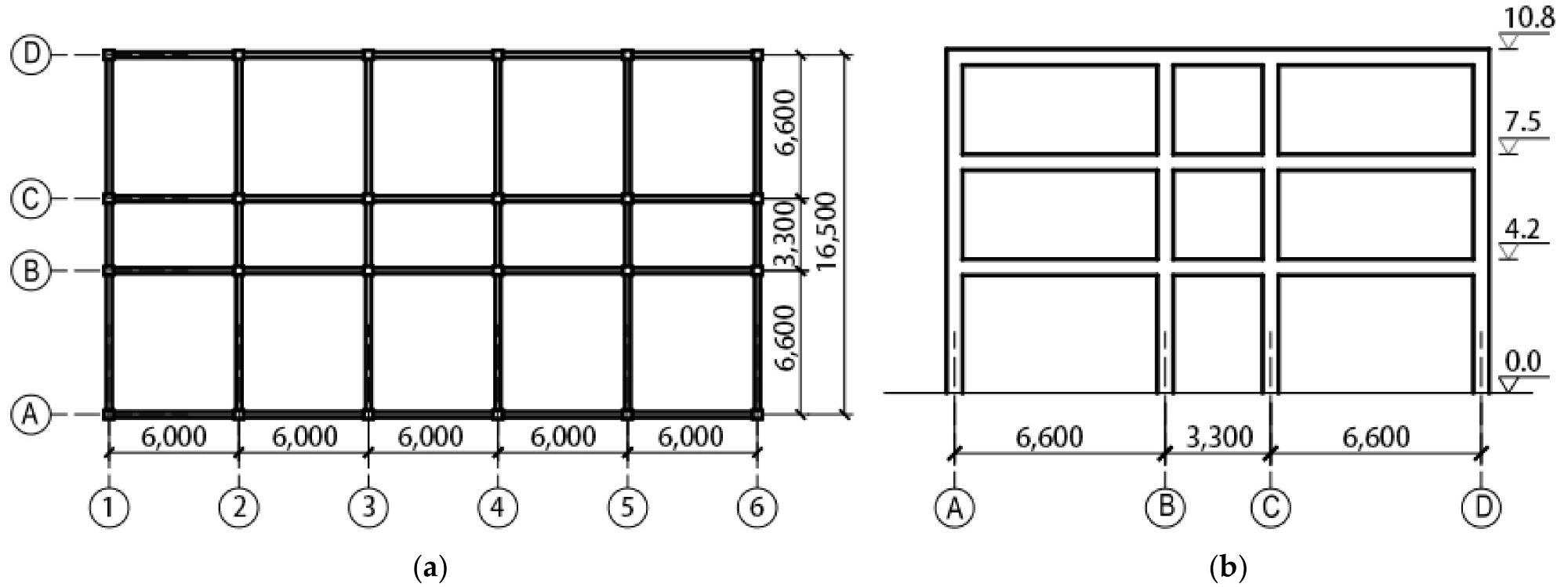 Layouts of the structure (3-story frame as an example): (a) plan layout (unit: mm); (b) elevation layout (unit of elevation: m; unit of bay: mm).